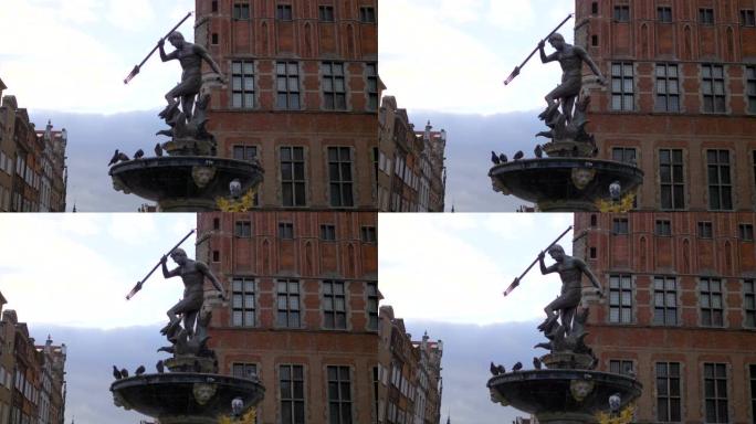 波兰格但斯克的海王星喷泉，4k慢镜头，每秒60帧