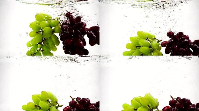 慢动作中的视频葡萄。一束成熟的葡萄被浸泡在带有气泡的水中。