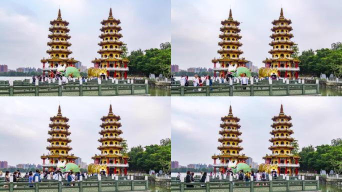 台湾高雄市参观龙塔和虎塔的游客的4k时间流逝