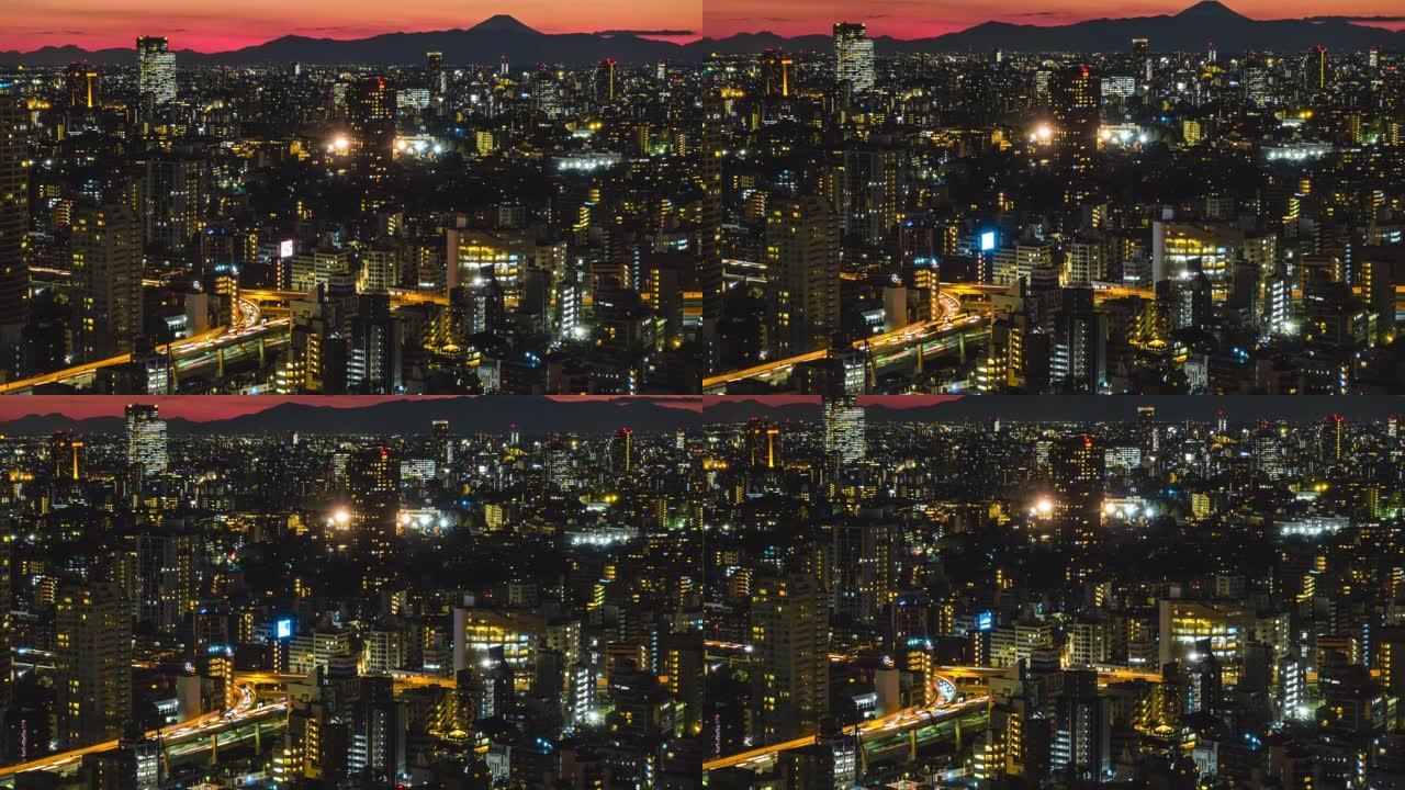 4k延时: 晚上从文京市民中心摩天大楼放大东京城市景观minato主要道路和天际线，汽车和人的高峰时