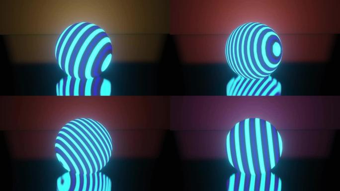 运动3d渲染，发光霓虹灯球，激光表演，空白空间，迪斯科球，深奥能量，抽象背景，循环动画，紫外线光谱。