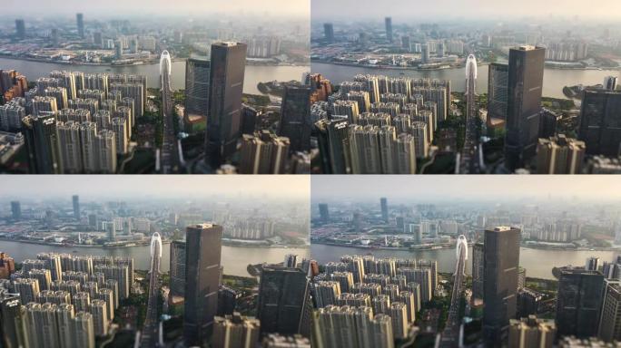 太阳光黄昏时间广州珠江猎德大桥城市景观空中倾斜移动全景4k中国
