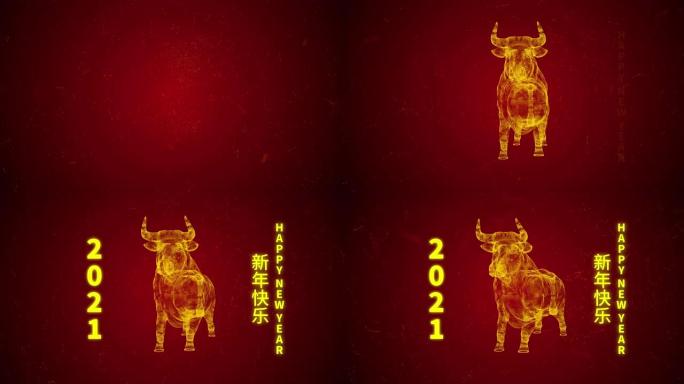 新年快乐牛年全息图红色和剪影牛影背景上的金色中式字体。农历新年庆祝2021概念。黄道牛。4k镜头运动