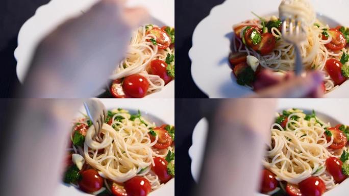 吃意大利面小番茄烹饪视频素材