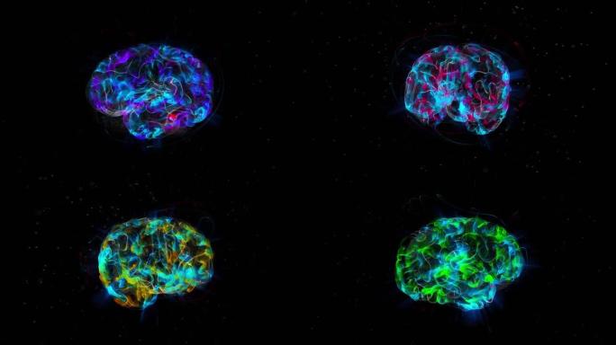 蓝色背景下大脑冲动的3D动画。脑旋转与mri扫描