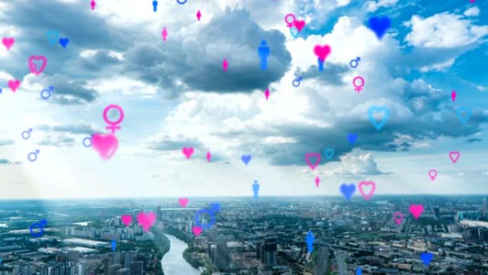 心脏表情符号图标从建筑物飞向天空代表约会应用程序。对于具有数字连接和网络的社交网络。城市景观上的时间