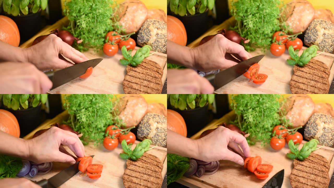 手工切番茄切菜菜色菜系菜品特写展示