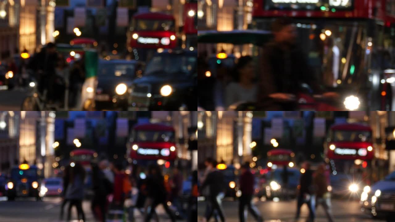 人们在英国伦敦繁忙的城市街道上散步和开车 (相机镜头散焦)。