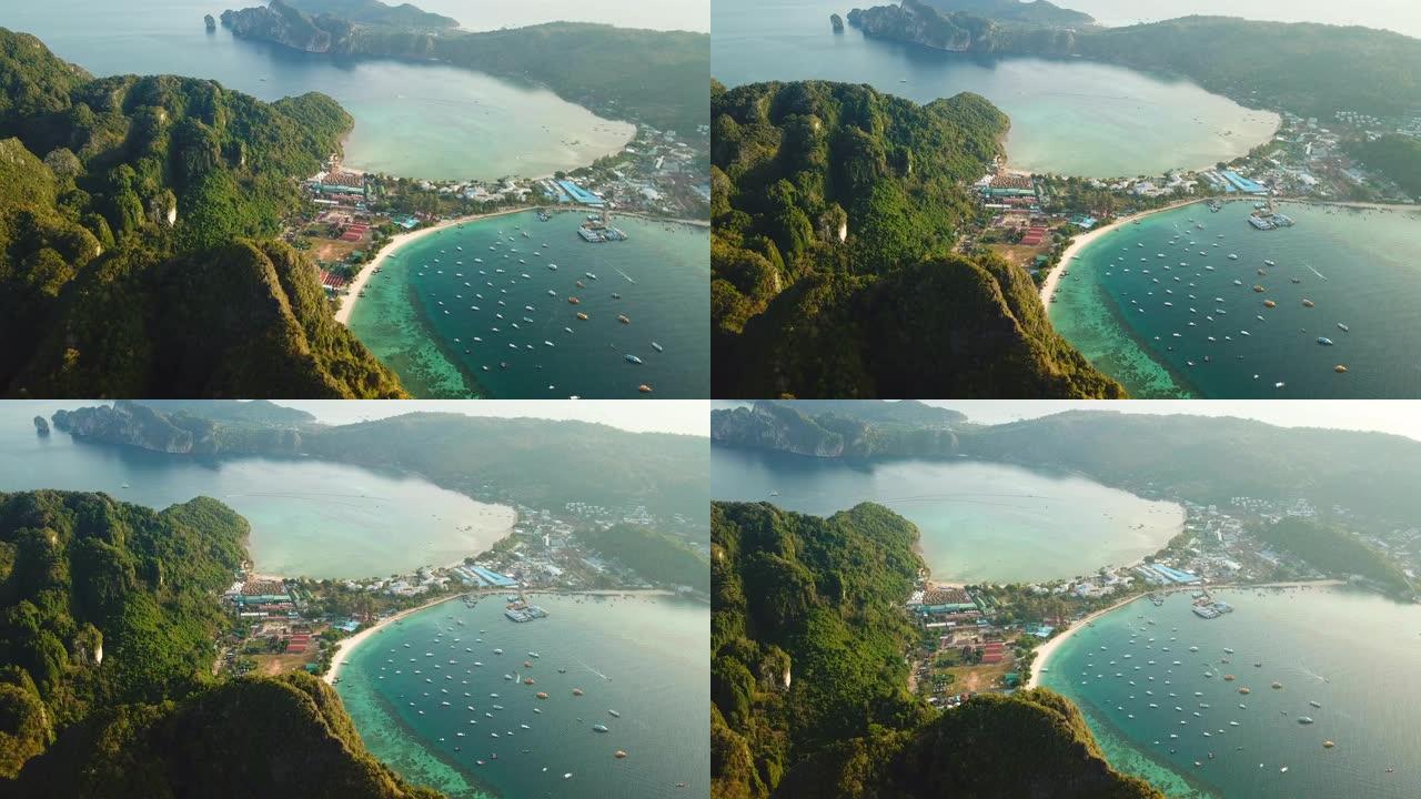 泰国披披群岛热带玛雅湾和石灰岩悬崖的空中无人机视图