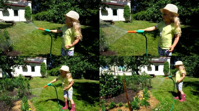 活跃可爱的女孩与洒水母亲花坛。万向节运动