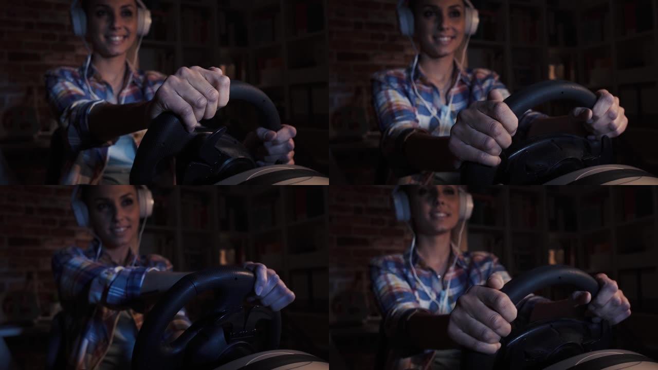 女人用赛车控制器玩电子游戏
