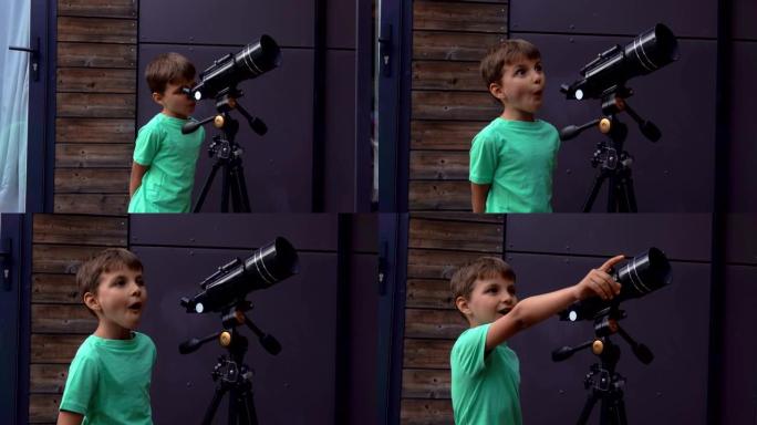 开朗的小男孩通过望远镜检查天空