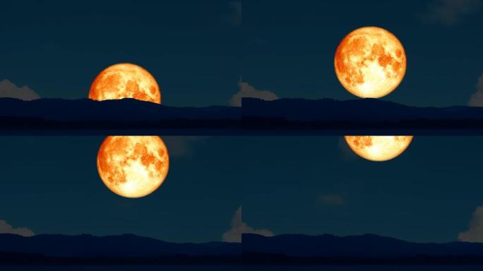 4k超级血月在夜空的剪影岛上升起
