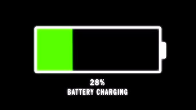 电池充电动画。在黑屏上加载红色和绿色的进度条。4k视频