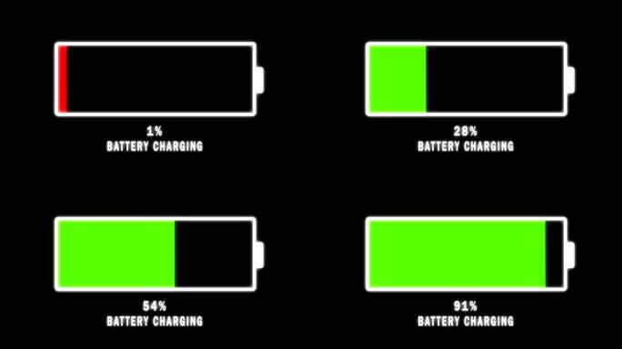 电池充电动画。在黑屏上加载红色和绿色的进度条。4k视频