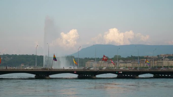 日内瓦市晴天湖滨中央河交通大桥全景4k瑞士