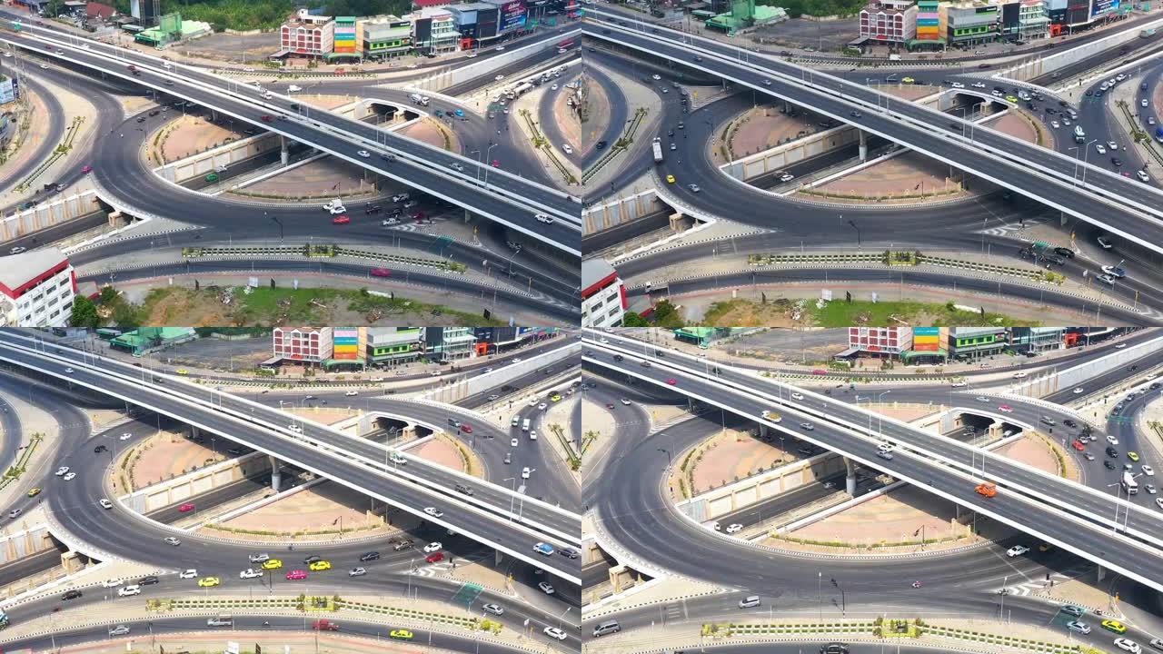 4k延时或超延时: 白天高速公路交叉口的空中场景。股票视频