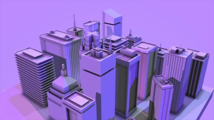 3d建筑的抽象动画，城市中心项目的缩影。动画。彩色背景上的3D城市摩天大楼天际线商业鸟瞰图