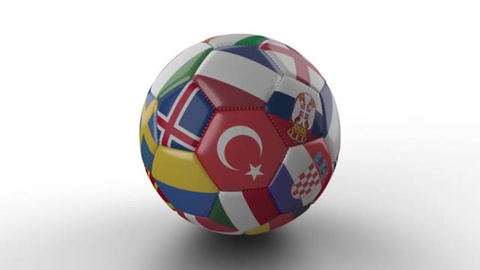 带有欧洲国家国旗的足球在白色表面上旋转，循环3