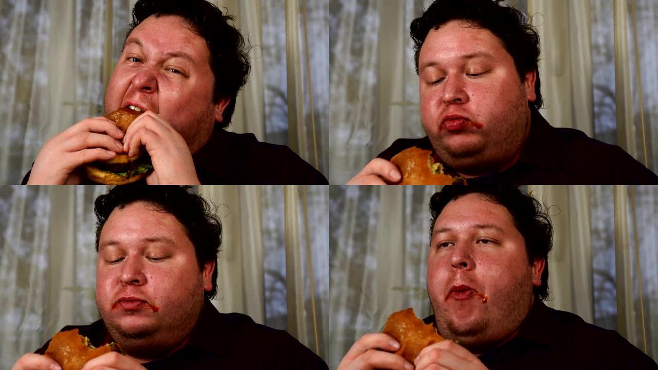 富有表现力的胖子吃汉堡的肖像