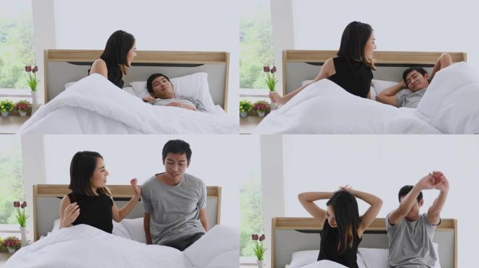 亚洲情侣的爱人早上从床上醒来时已经休息好了
