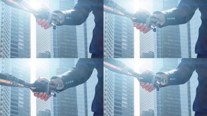 一个商人和一个机器人握手。商业创新概念，3d渲染