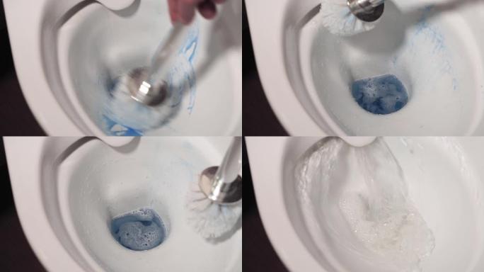 做家务的男性试图用液体清洁剂和刷子疏通马桶