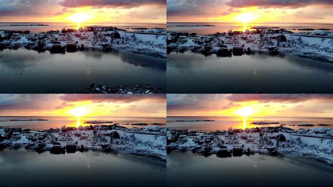 挪威冬季，罗弗滕群岛与斯堪的纳维亚村庄的地平线日出