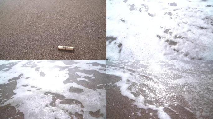 海滩沙滩上的海浪写着文字冠状病毒的纸卷轴