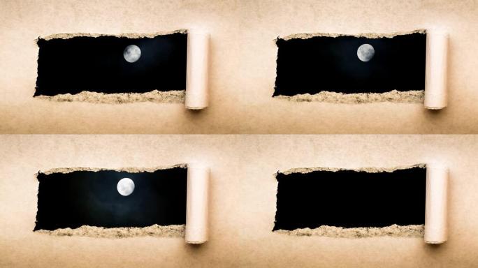 创意4k时间圈视频，在夜空中发光的满月与浮云，可以通过旧的复古垃圾老式纸的边缘撕裂的孔看到。