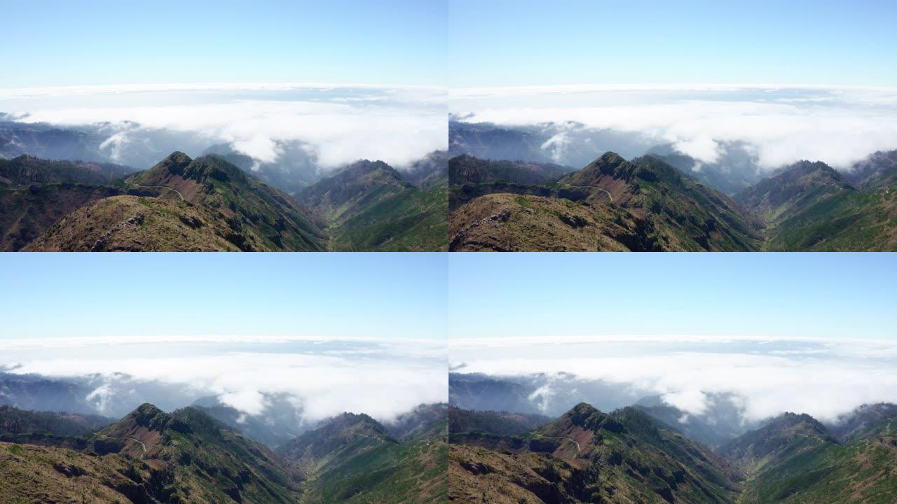 马德拉，葡萄牙岛内陆山脉与运行云无人机空中4k镜头。