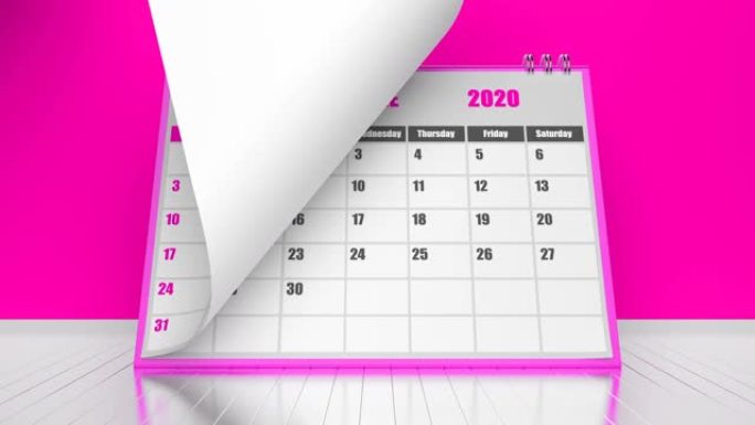 粉红色背景上的日历2020年页面