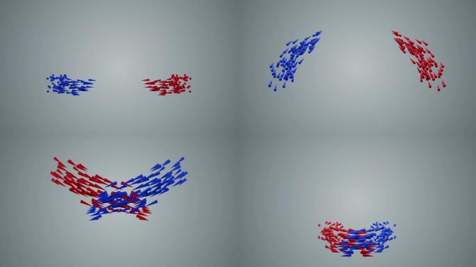 蓝色和红色箭头在灰色背景上群飞，循环3D动画上有光