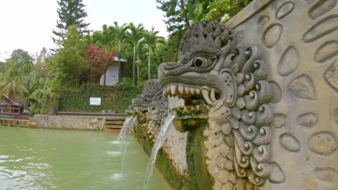 巴厘岛著名的Banjar温泉中，瀑布从龙嘴中流出。巴厘岛旅游概念