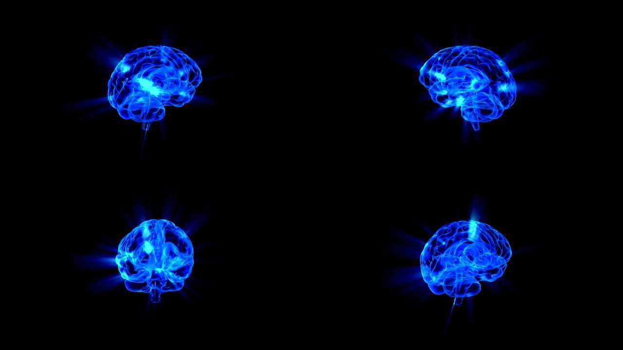 具有神经元冲动的人脑。蓝色的人类大脑制造光线和旋转旋转。X射线的光泽的智力，光射线蓝色的大脑活动。3