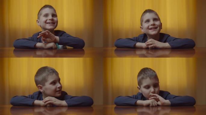 自闭症男孩的肖像坐在办公桌前表现出情感。自闭症孩子在家里笑得开心。自闭症意识