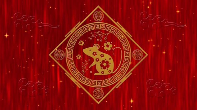 农历新年，春节背景与金鼠，烟花，闪闪发光的星星。节日活动的春节动画。3D渲染无缝循环4k视频