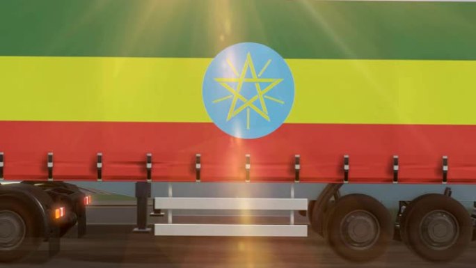 一辆大卡车侧面显示的埃塞俄比亚国旗