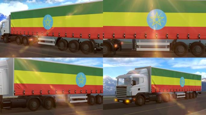 一辆大卡车侧面显示的埃塞俄比亚国旗