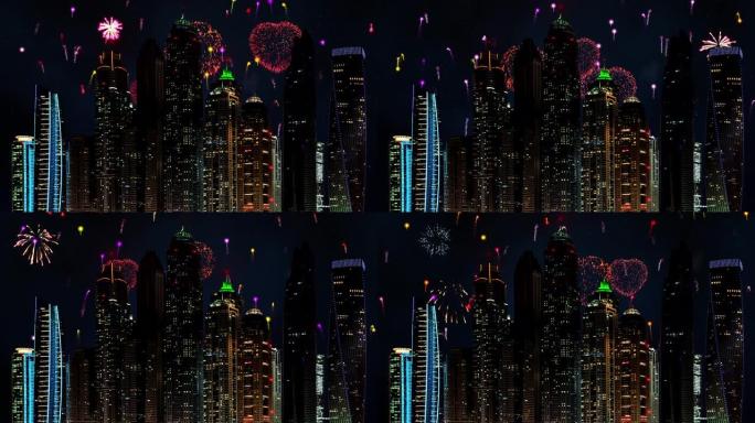 阿拉伯联合酋长国迪拜城市天际线上空的烟花