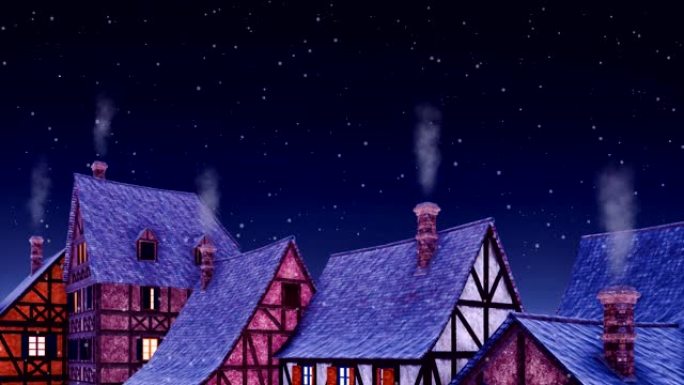 在下雪的冬夜，烟囱冒烟的房屋屋顶