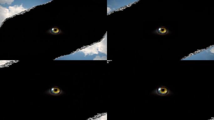创意4k时间在天空中播放视频孔，移动的云层边缘撕裂，例如在纸上，眼睛从黑暗中移入该孔中的相机。空间洞