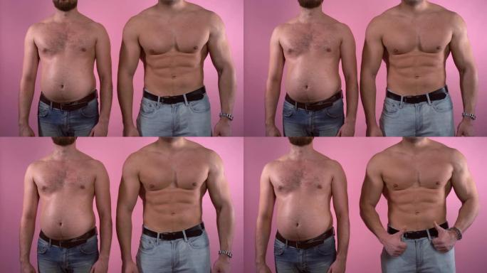 经过艰苦的运动训练后，两个男人在比较中，完美的视频动机如何减轻体重。左边的胖子膨胀了他的腹部，mus