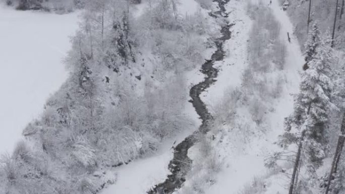冬天，瑞士地标，下雪，无人驾驶飞机向前飞，带有铁路的Landwasser高架桥的鸟瞰图