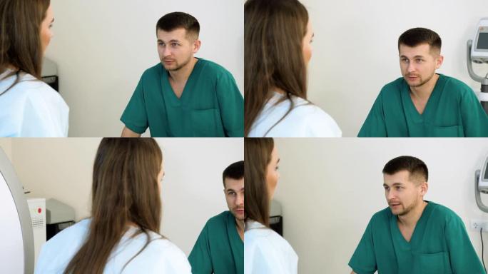 医生和年轻的女病人谈话。美女正在现代医院接受MRI或ct扫描。4K