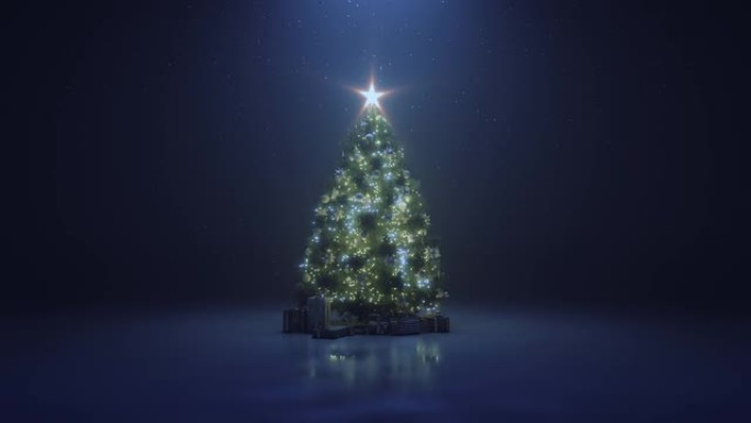 圣诞树上有一颗闪亮的星星和一个花环在黑暗中飘落着雪