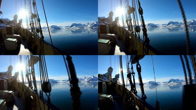 挪威斯瓦尔巴群岛的冰川、山脉和帆船