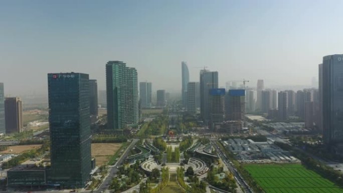 飞越杭州市河滨公园广场建设区空中全景4k中国