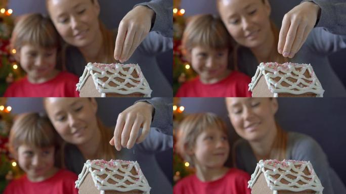 年轻女子和她的小儿子做姜饼屋。家庭假期概念。水晶概念