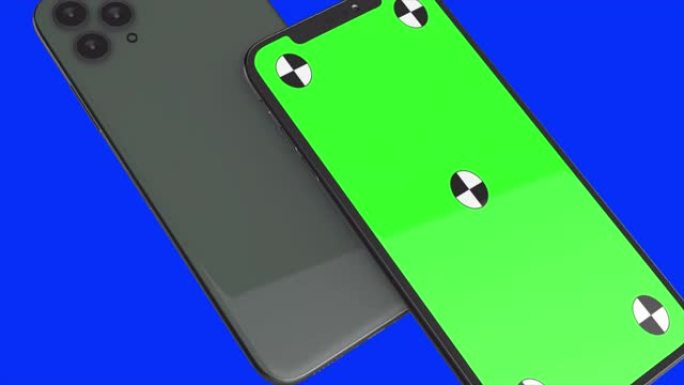 蓝色背景上的两部智能手机。易于定制的绿色屏幕。计算机生成的图像。